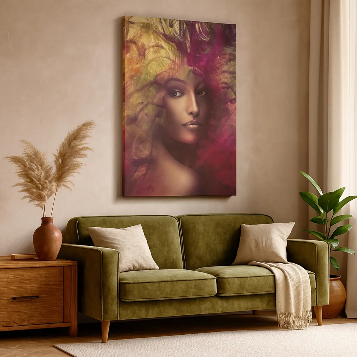 Bild auf Leinwand - Leinwandbild - Eine Frau in abstrakten Farben, die einen dynamischen Hintergrund schafft - 50x70cm - Ich bin hier! - Moderne Wanddekoration für Wohnzimmer und Schlafzimmer ARTTOR