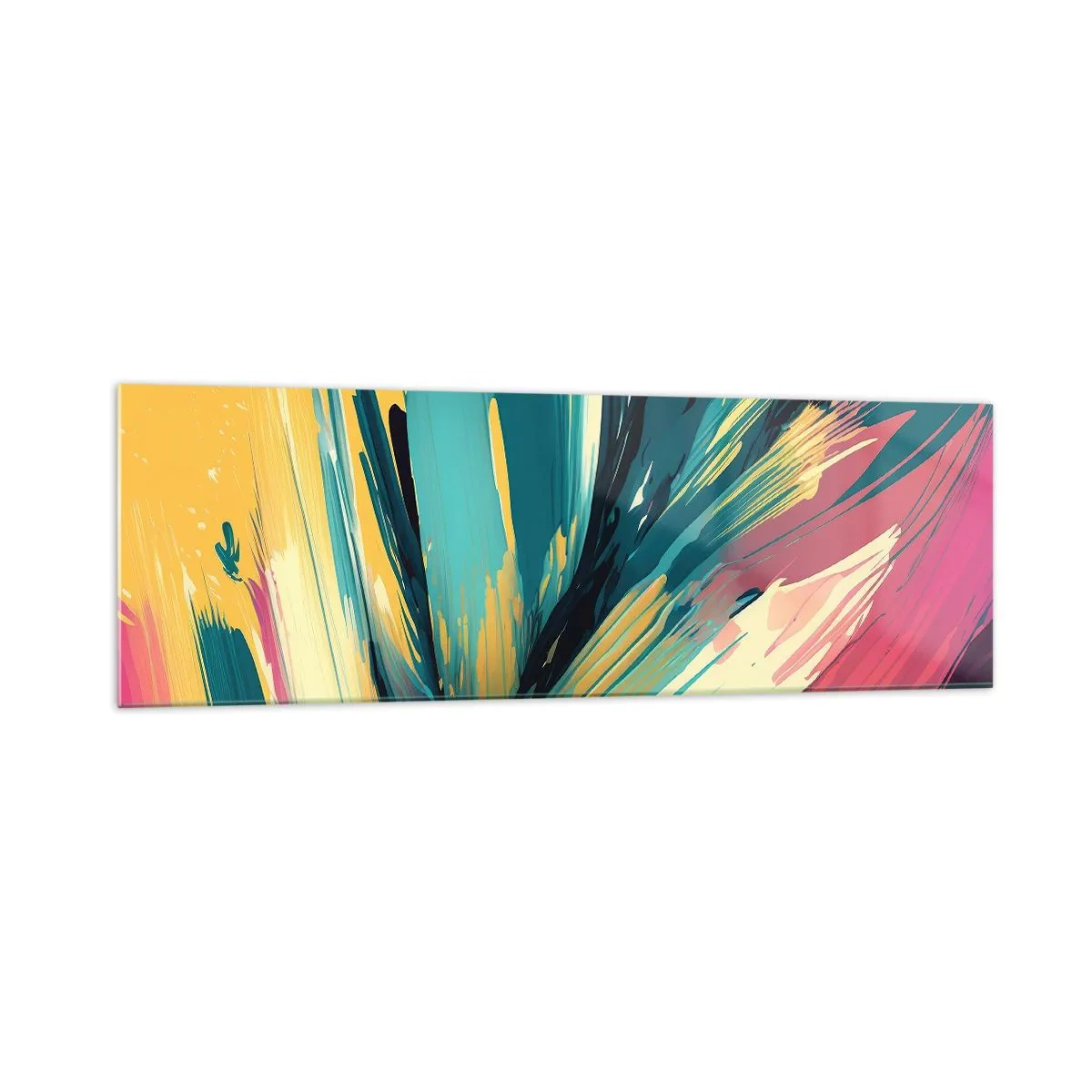 Glasbild - Bild auf glas - Eine abstrakte Komposition in intensiven und kontrastreichen Farben. - 160x50cm - Komposition – eine Explosion der Freude - Moderne Wanddekoration für Wohnzimmer und Schlafzimmer ARTTOR