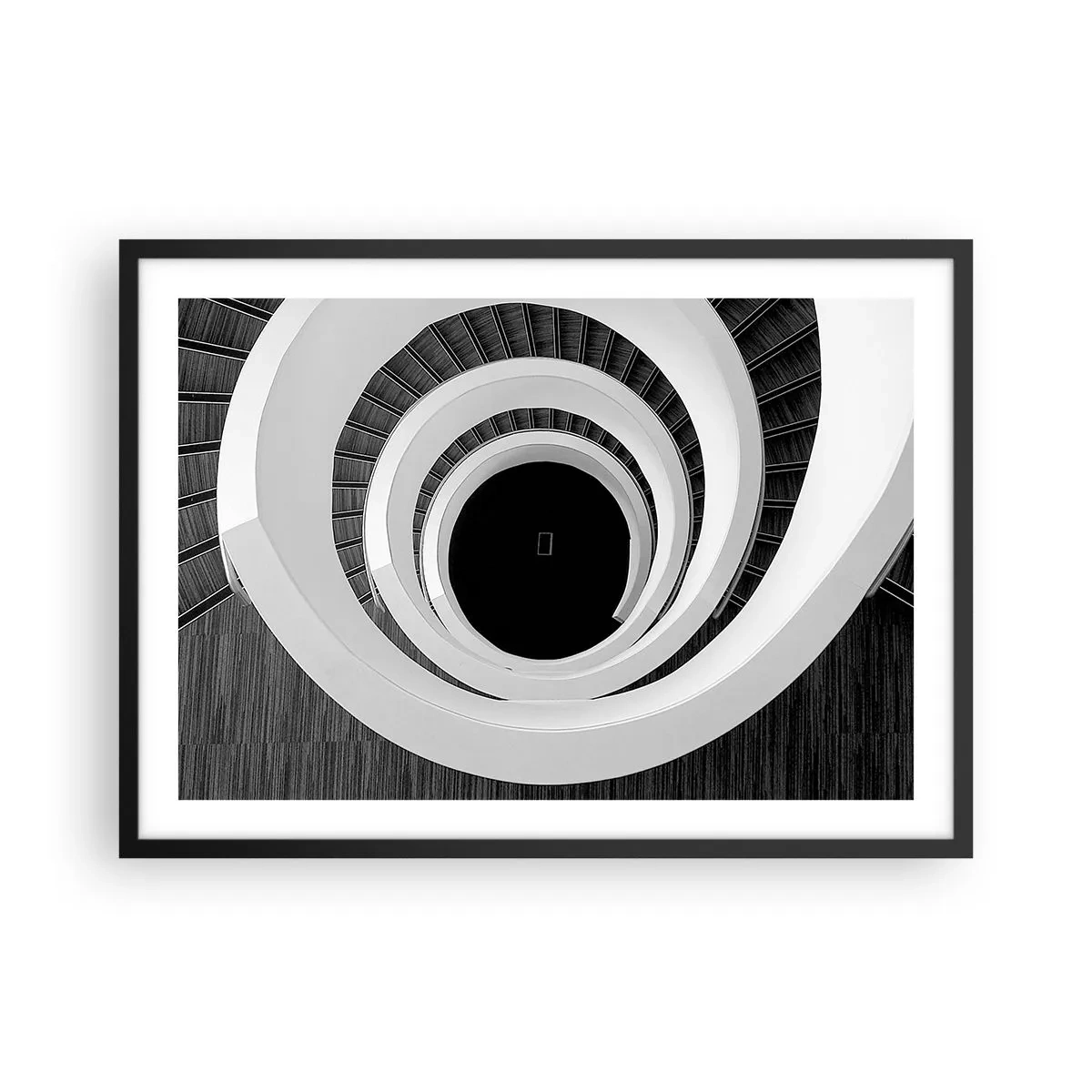 Poster in einem schwarzem Rahmen - Schwarz-weiße Wendeltreppe im modernen Stil - 70x50cm - Zum Kern der Sache - Moderne Wanddekoration für Wohnzimmer und Schlafzimmer ARTTOR