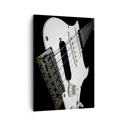 Bild auf Leinwand - Leinwandbild - Nahaufnahme einer weißen E-Gitarre auf schwarzem Hintergrund. - 50x70cm - In Weiß versteckter Ton - Moderne Wanddekoration für Wohnzimmer und Schlafzimmer ARTTOR
