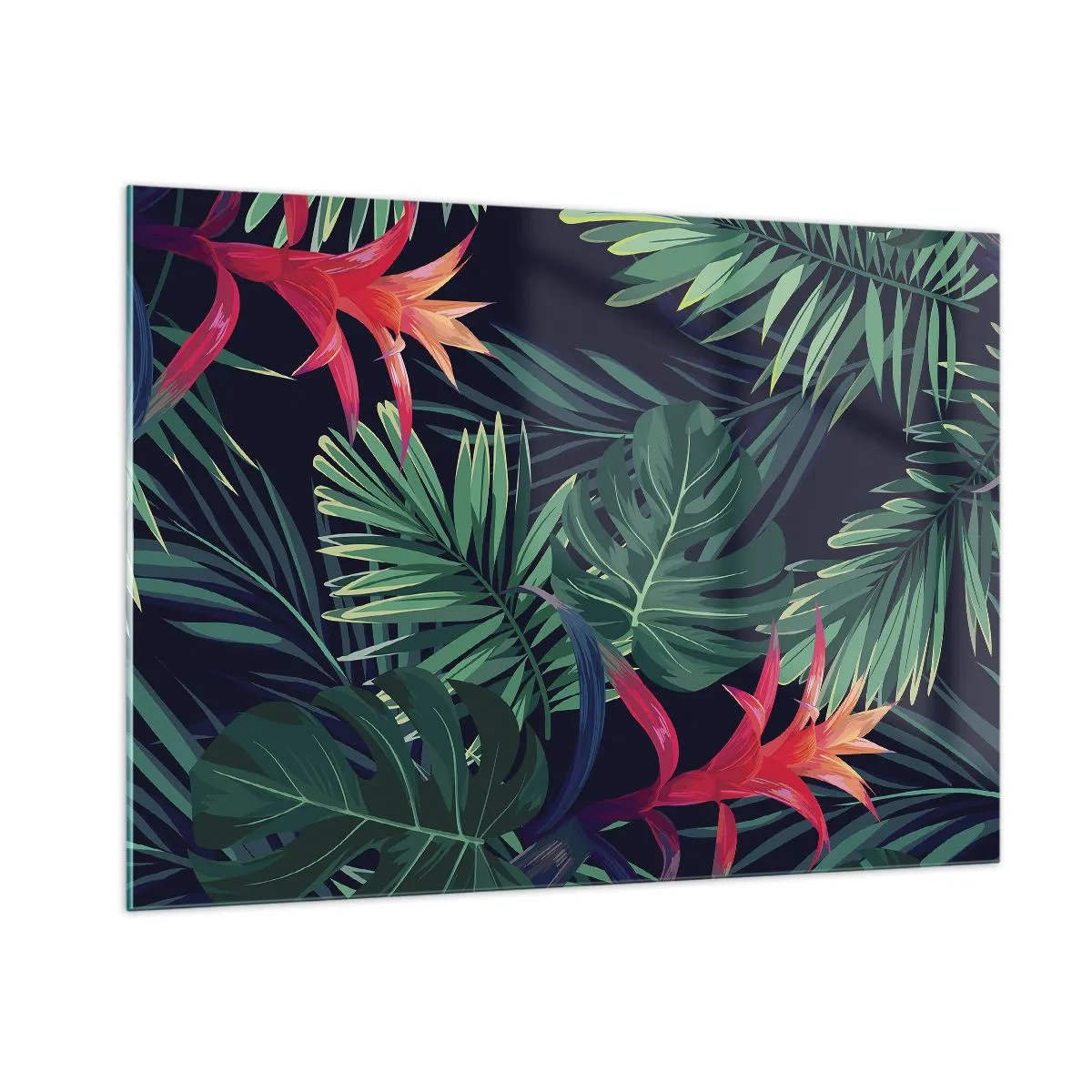 Glasbild - Bild auf glas - Exotische Blätter und Blüten auf dunklem Hintergrund - 100x70cm - Im Grünen in Flammen gehen - Moderne Wanddekoration für Wohnzimmer und Schlafzimmer ARTTOR