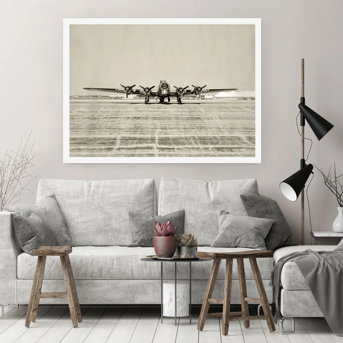 Poster - Historisches Flugzeug auf dem Flughafen in Sepia - 100x70cm - Wie immer bereit - Moderne Wanddekoration für Wohnzimmer und Schlafzimmer ARTTOR