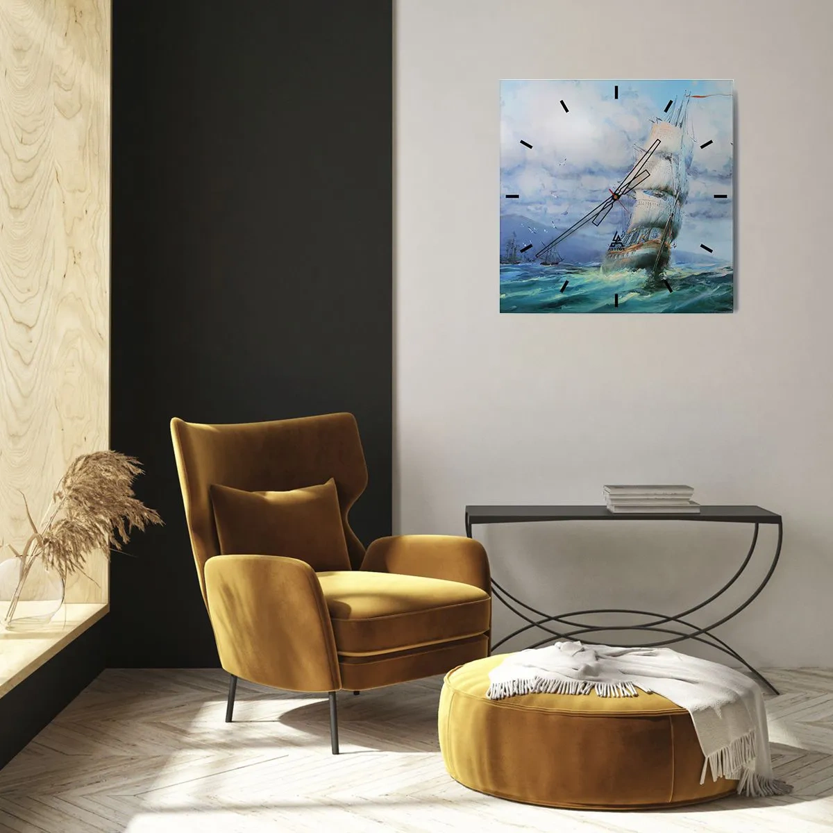 Wanduhr - Glasuhr - Ein Schiff auf stürmischer See - 30x30cm - Guter Wind - Moderne Wanddekoration für Wohnzimmer und Schlafzimmer ARTTOR