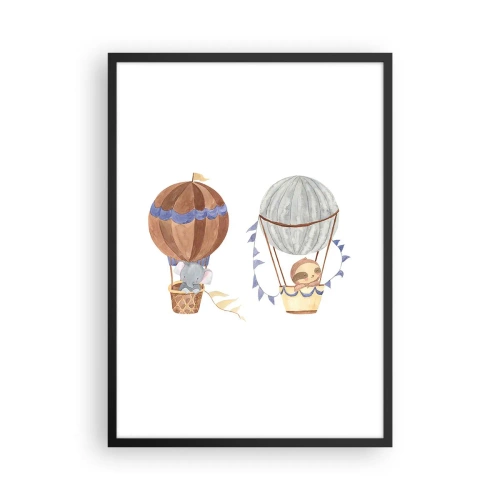 Poster in einem schwarzem Rahmen - Niedliche Tiere in Luftballons auf weißem Hintergrund im Aquarellstil - 50x70cm - Freunde auf Reise - Moderne Wanddekoration für Wohnzimmer und Schlafzimmer ARTTOR