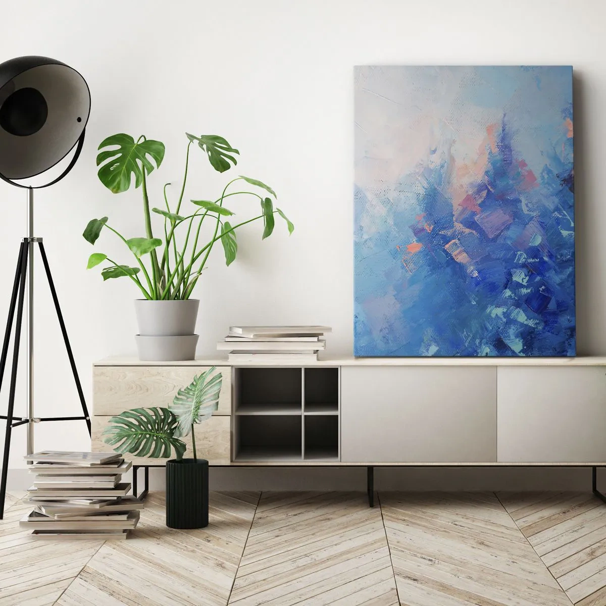 Bild auf Leinwand - Leinwandbild - Abstrakte Komposition in Blau- und Rosatönen - 50x70cm - Winter-Abstraktion - Moderne Wanddekoration für Wohnzimmer und Schlafzimmer ARTTOR