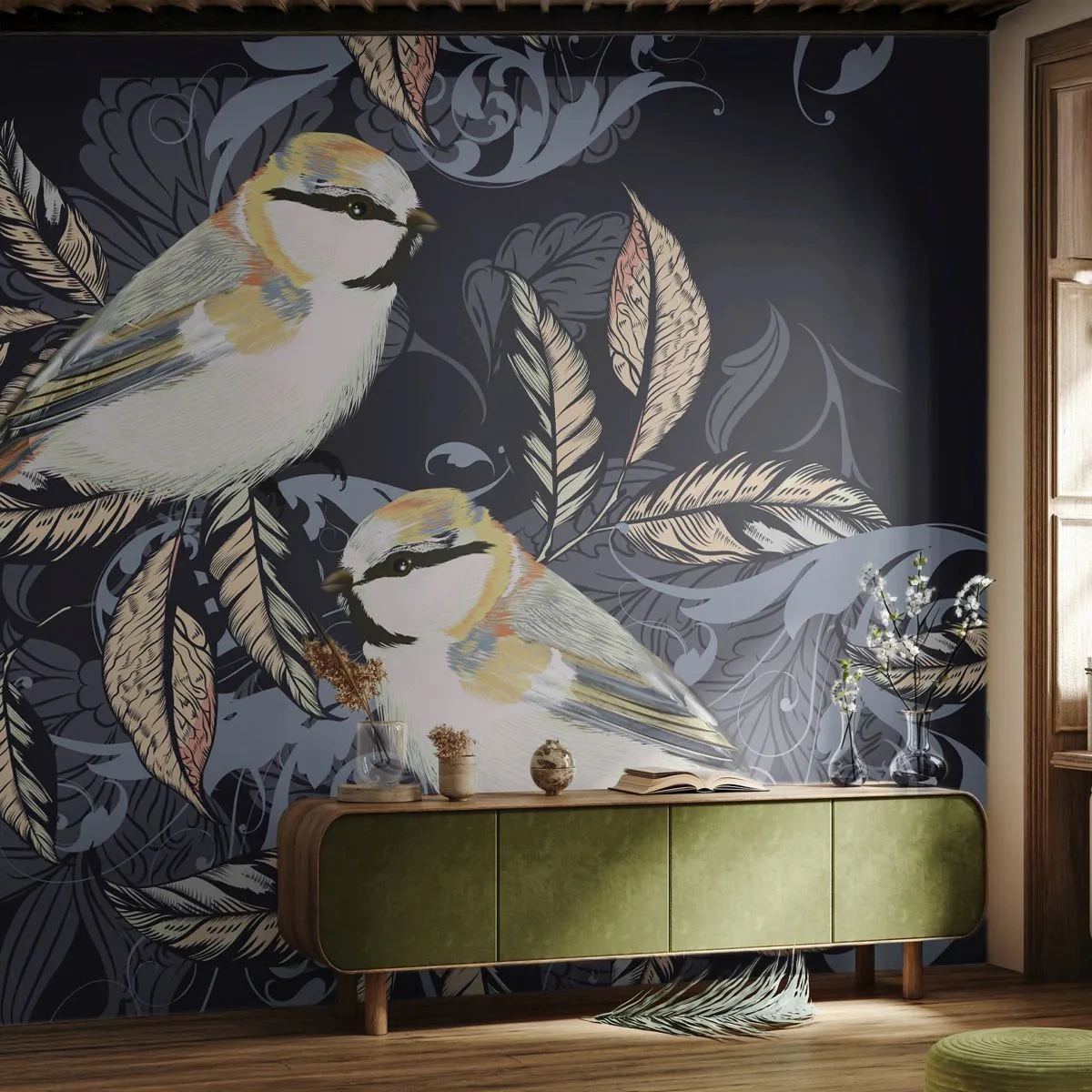 Fototapete Standard Eco - Gelb-blauer Triller - Abstraktion, Vögel, Blätter - 200x140 cm