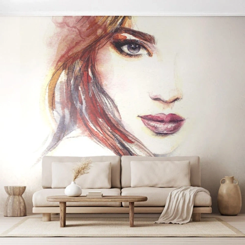 Fototapete Premium Sand - Vademecum - folge mir - Frau, Porträt einer Frau, Schönes Gesicht - 200x140 cm