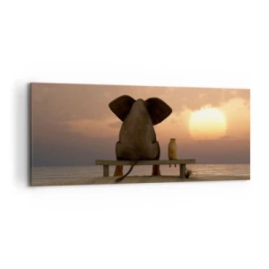 Bild auf Leinwand - Leinwandbild - Ein Elefant und ein Hund sitzen während des Sonnenuntergangs auf einer Bank am Strand. - 120x50cm - Es tut gut zusammen zu schweigen - Moderne Wanddekoration für Wohnzimmer und Schlafzimmer ARTTOR