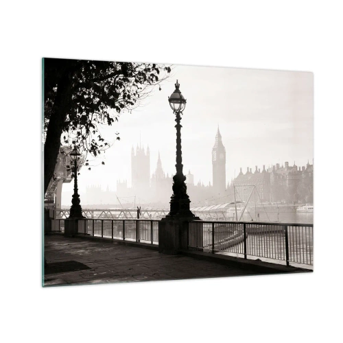 Glasbild - Bild auf glas - Schwarz-Weiß-Fotografie der Londoner Promenade mit Big Ben - 70x50cm - Londoner Morgen - Moderne Wanddekoration für Wohnzimmer und Schlafzimmer ARTTOR