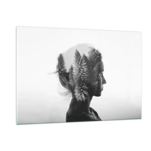 Glasbild - Bild auf glas - Eine Frau in Schwarz-Weiß mit einem darüber gelegten Nadelwaldmotiv - 120x80cm - Dame des Kiefernwaldes - Moderne Wanddekoration für Wohnzimmer und Schlafzimmer ARTTOR