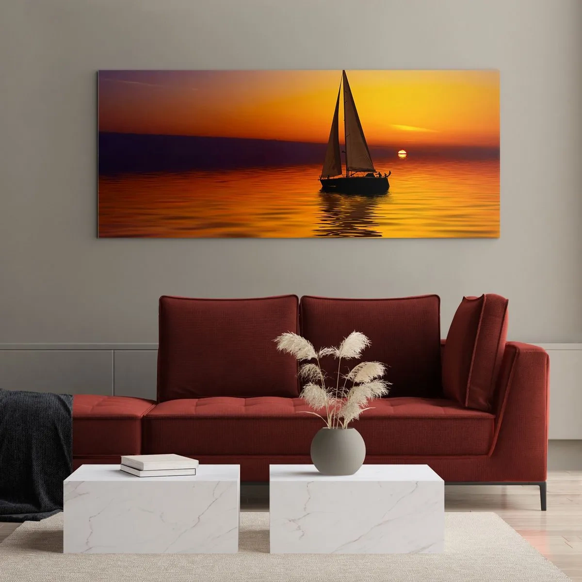 Glasbild - Bild auf glas - Ein Segelboot auf ruhiger See bei Sonnenuntergang - 160x50cm - Wie ruhig es hier in der Abenddämmerung ist... - Moderne Wanddekoration für Wohnzimmer und Schlafzimmer ARTTOR