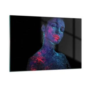 Glasbild - Bild auf glas - Porträt einer Frau mit fluoreszierender Körperbemalung - 120x80cm - Im Sternenstaub - Moderne Wanddekoration für Wohnzimmer und Schlafzimmer ARTTOR