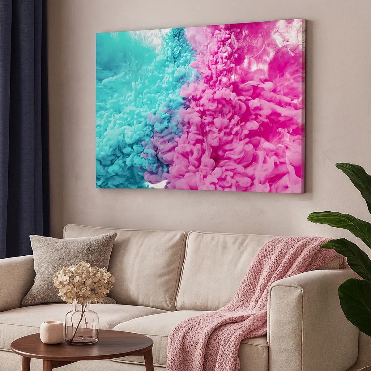 Bild auf Leinwand - Leinwandbild - Bunte Wellen aus Türkis und Pink in abstrakter Form - 70x50cm - Letzte Begegnung - Moderne Wanddekoration für Wohnzimmer und Schlafzimmer ARTTOR
