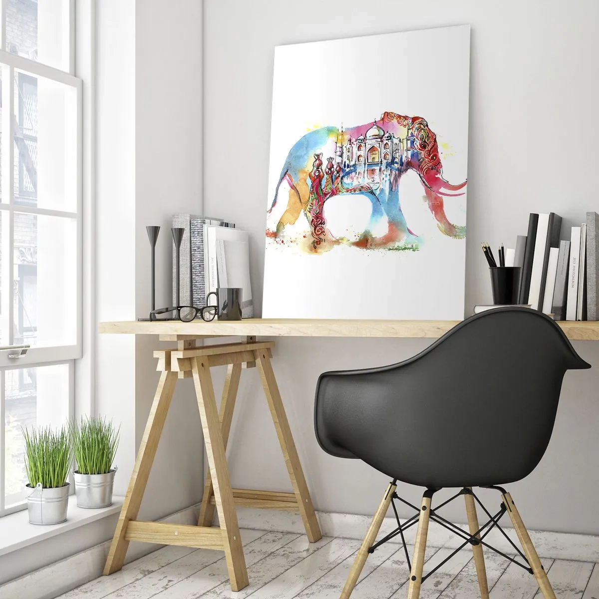 Glasbild - Bild auf glas - Farbenfrohes Aquarell eines Elefanten mit Taj Mahal-Motiv - 80x120cm - Indien – die Aura der Liebe - Moderne Wanddekoration für Wohnzimmer und Schlafzimmer ARTTOR