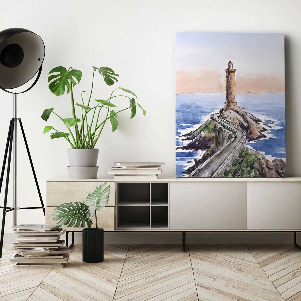 Bild auf Leinwand - Leinwandbild - Ein Leuchtturm an einer felsigen Küste - 50x70cm - Dem Meer zugewandt - Moderne Wanddekoration für Wohnzimmer und Schlafzimmer ARTTOR