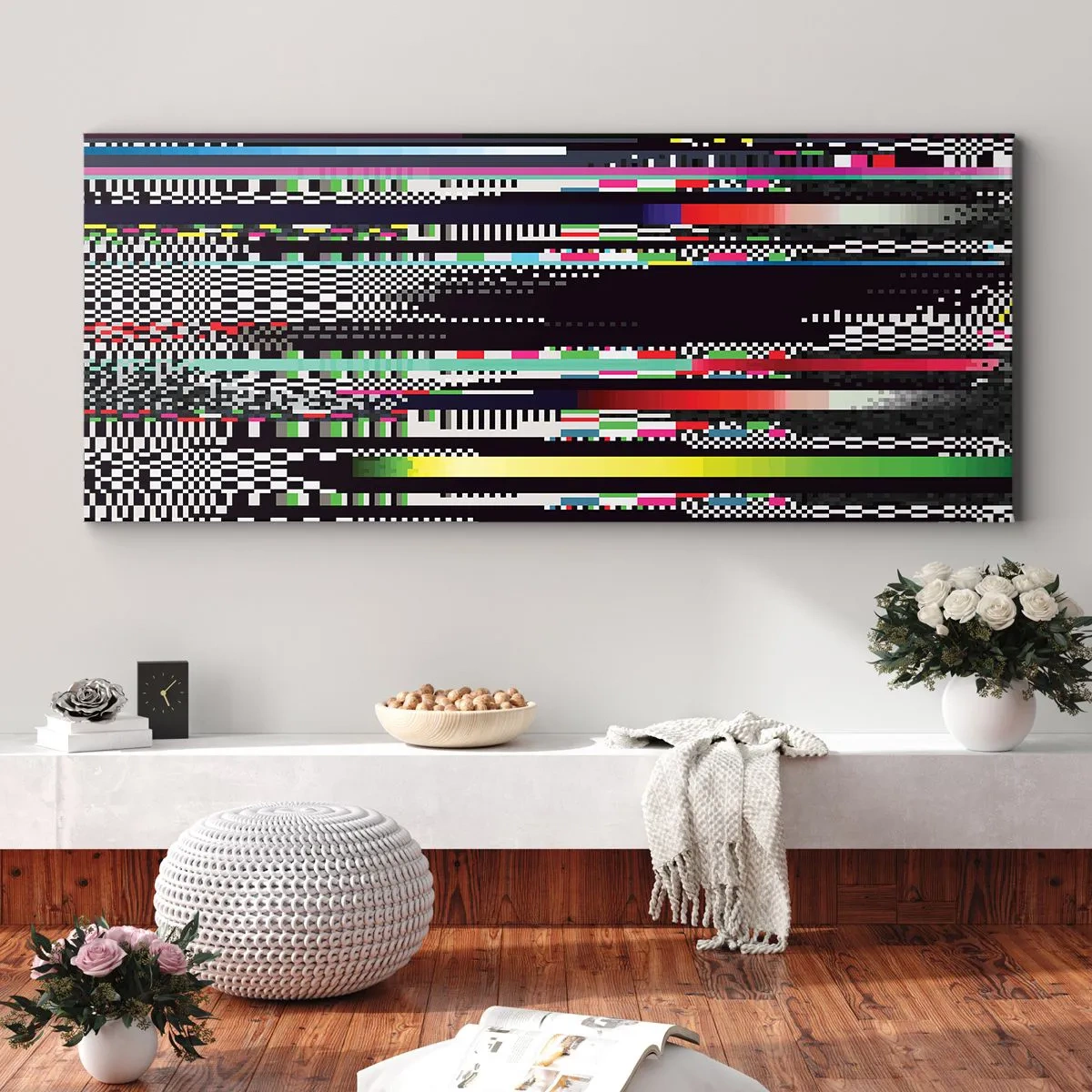 Bild auf Leinwand - Leinwandbild - Bunte Linien und Pixel im abstrakten Stil - 160x50cm - Das Kontrollbild der Realität - Moderne Wanddekoration für Wohnzimmer und Schlafzimmer ARTTOR