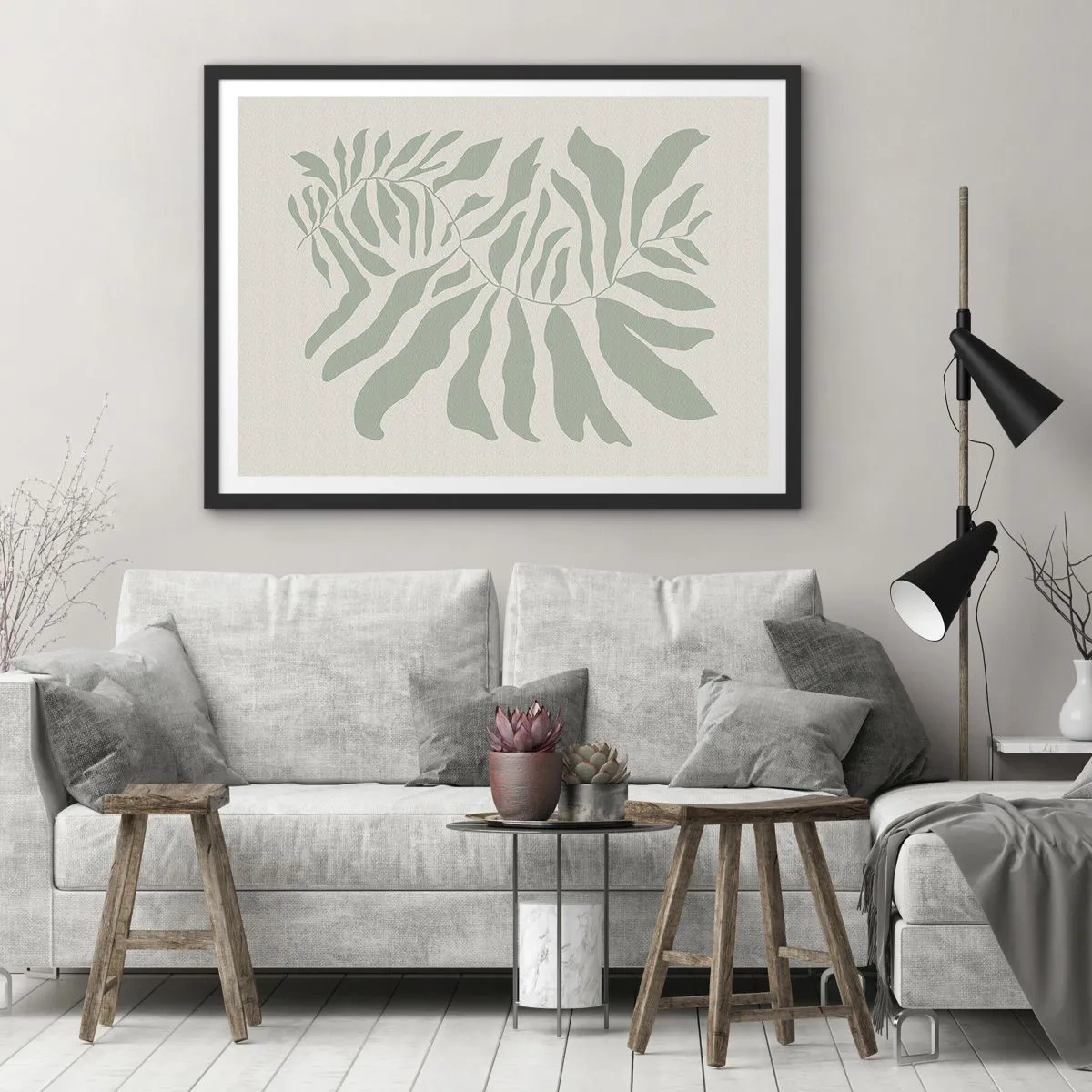 Poster in einem schwarzem Rahmen - Ein zartes Zweigmuster mit Blättern in einem Smaragdgrünton - 70x50cm - Smaragdzweig - Moderne Wanddekoration für Wohnzimmer und Schlafzimmer ARTTOR