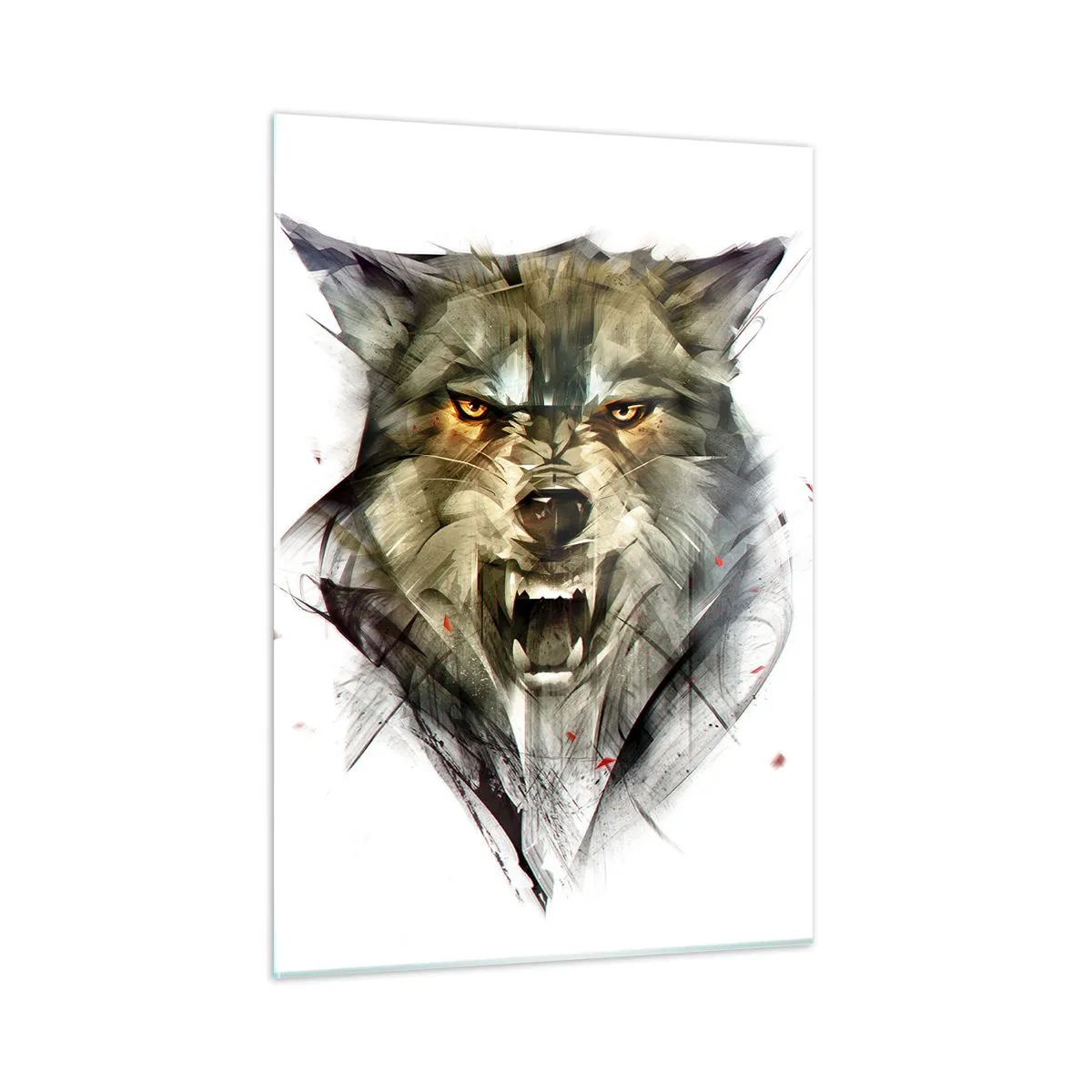 Glasbild - Bild auf glas - Eine Grafik eines bedrohlichen Wolfes mit offenem Maul und intensivem Blick - 50x70cm - Kein Schritt näher! - Moderne Wanddekoration für Wohnzimmer und Schlafzimmer ARTTOR
