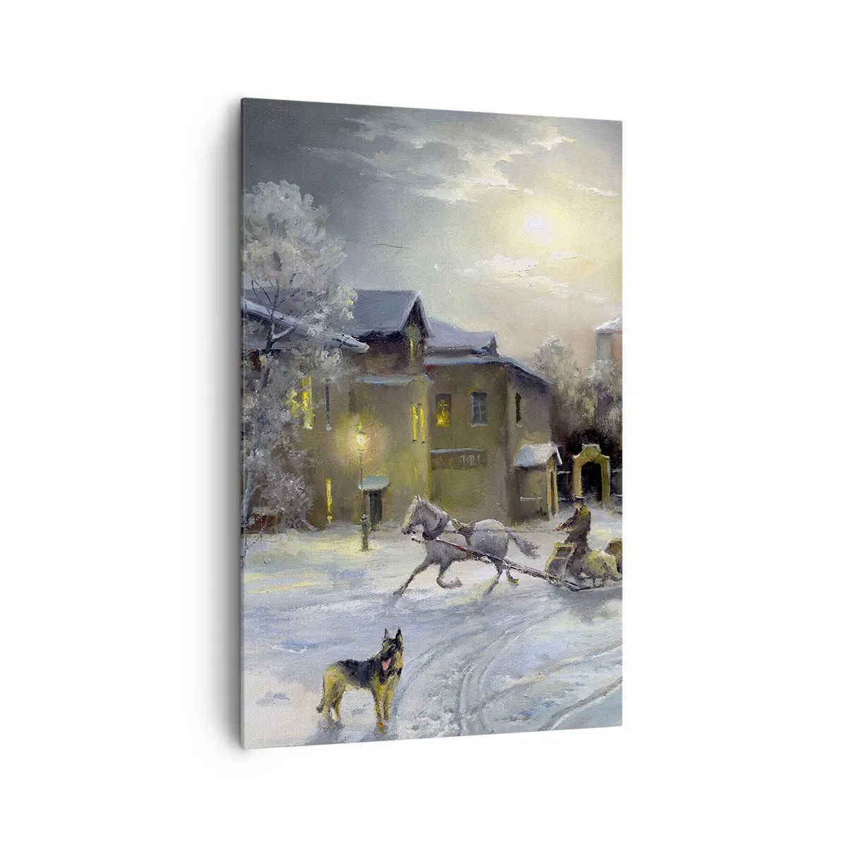 Bild auf Leinwand - Leinwandbild - Winterlandschaft in einer russischen Stadt mit Schlitten und Kirche - 80x120cm - Die Magie des russischen Winters - Moderne Wanddekoration für Wohnzimmer und Schlafzimmer ARTTOR