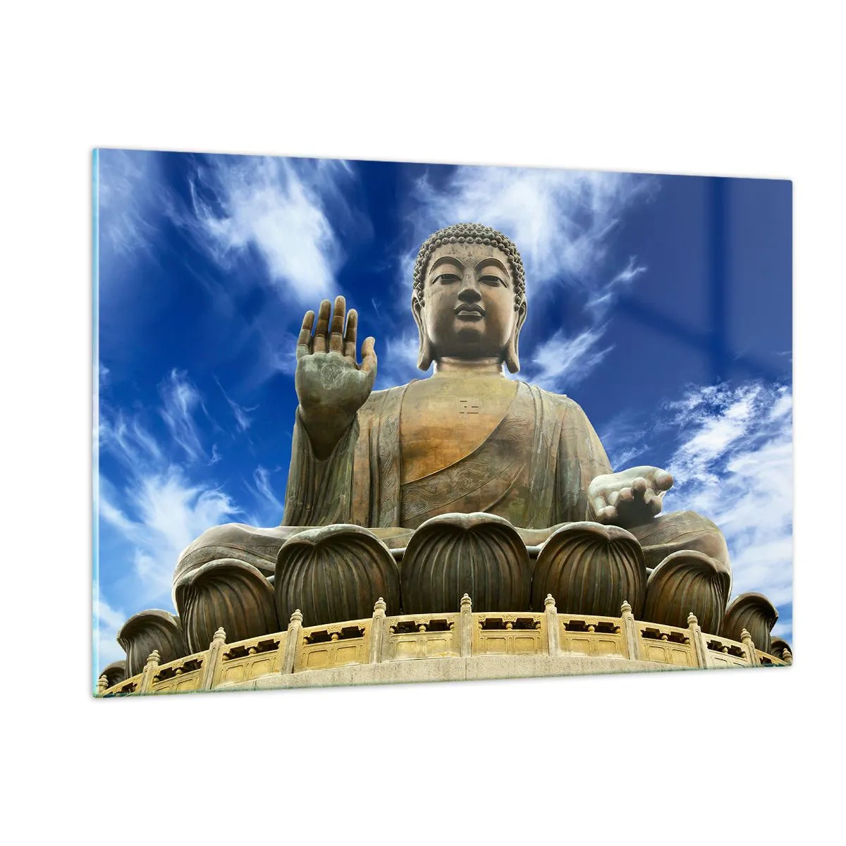 Glasbild - Bild auf glas - Eine große Buddha-Statue vor blauem Himmel - 120x80cm - Leben ohne Angst - Moderne Wanddekoration für Wohnzimmer und Schlafzimmer ARTTOR