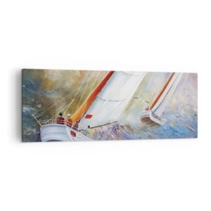 Bild auf Leinwand - Leinwandbild - Segelboote auf rauen Wellen in einer dynamischen Komposition - 140x50cm - Durch die Wellen laufend - Moderne Wanddekoration für Wohnzimmer und Schlafzimmer ARTTOR