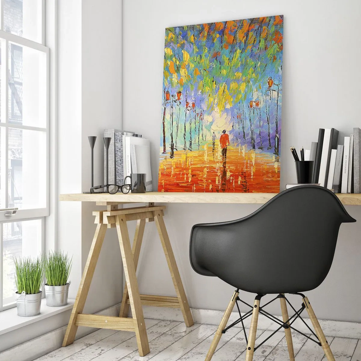 Glasbild - Bild auf glas - Ein farbenfroher Park mit einer Allee und Laternen im malerischen Stil - 50x70cm - Nachtlied des Regens - Moderne Wanddekoration für Wohnzimmer und Schlafzimmer ARTTOR