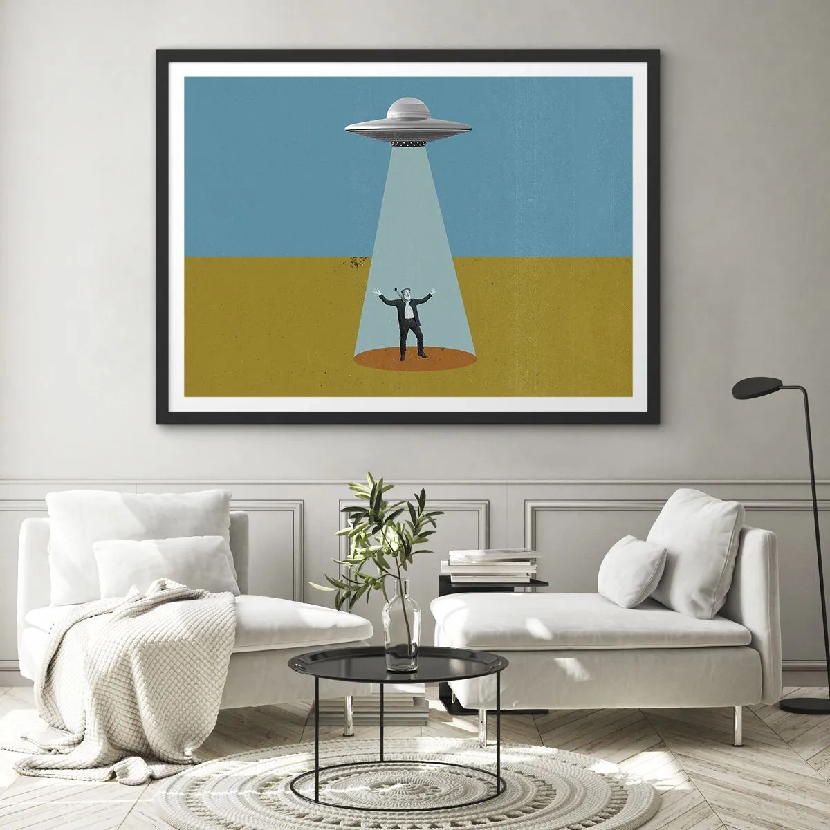 Poster in einem schwarzem Rahmen - Ein Mann im Licht eines UFOs vor dem Hintergrund einer farbenfrohen Landschaft - 70x50cm - Nahe Begegnung - Moderne Wanddekoration für Wohnzimmer und Schlafzimmer ARTTOR