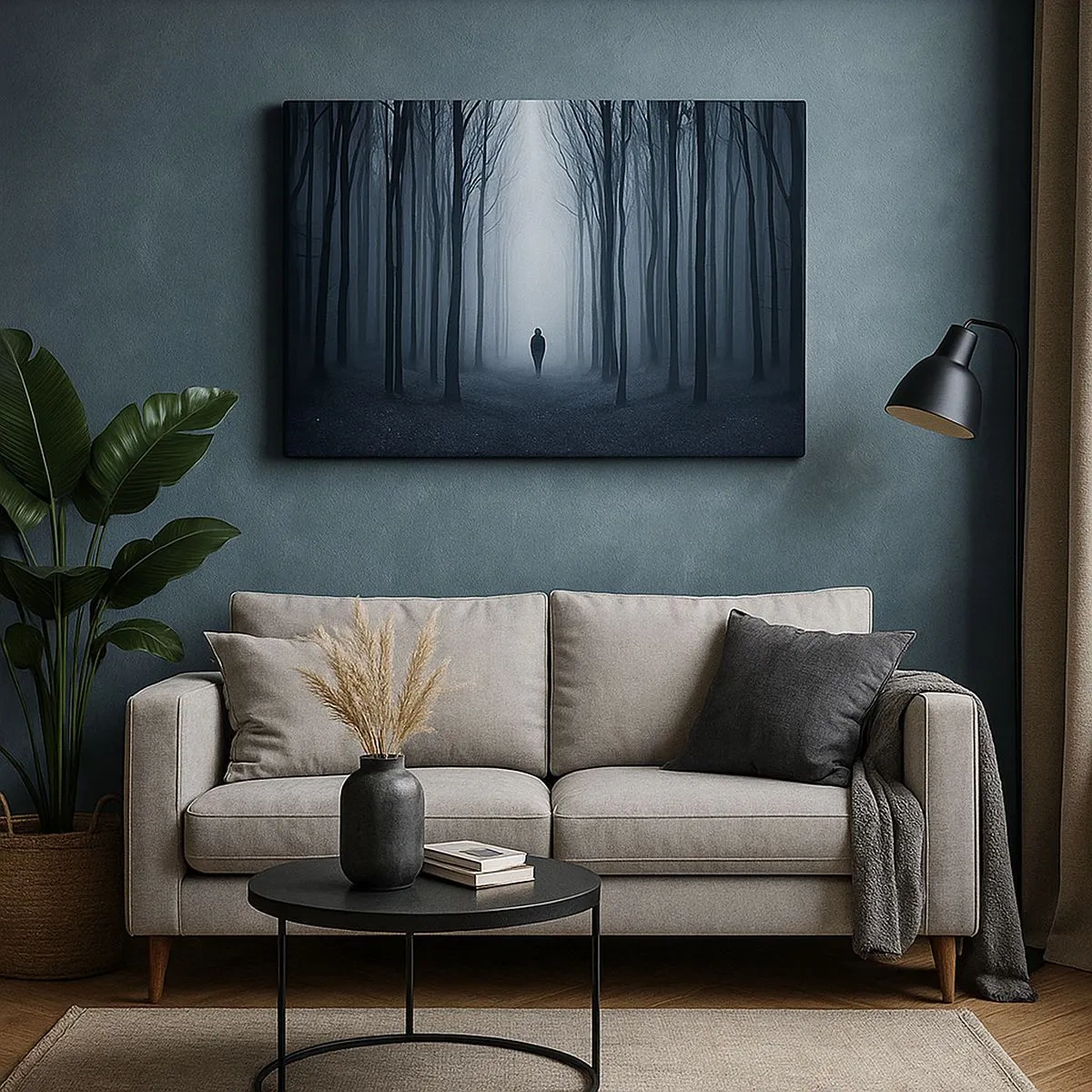 Bild auf Leinwand - Leinwandbild - Eine Gestalt, die zwischen den Bäumen in einem nebligen Wald spazieren geht - 70x50cm - Alles einfach und übersichtlich - Moderne Wanddekoration für Wohnzimmer und Schlafzimmer ARTTOR