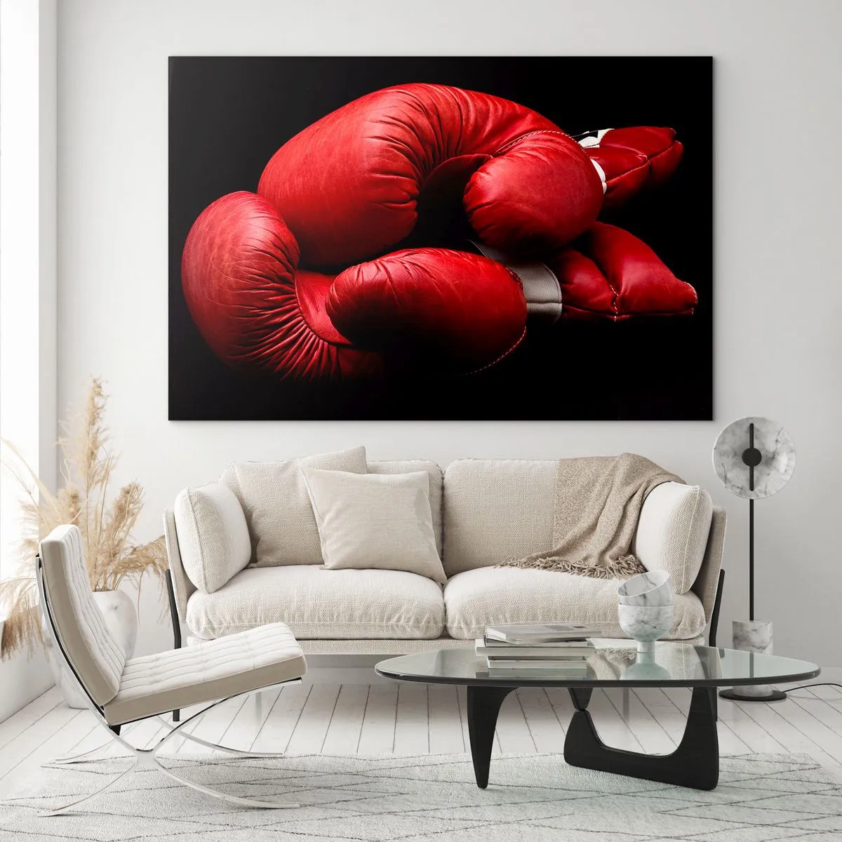 Glasbild - Bild auf glas - Rote Boxhandschuhe auf schwarzem Hintergrund - 70x50cm - Die Emotionen des Kampfes liegen hinter uns - Moderne Wanddekoration für Wohnzimmer und Schlafzimmer ARTTOR