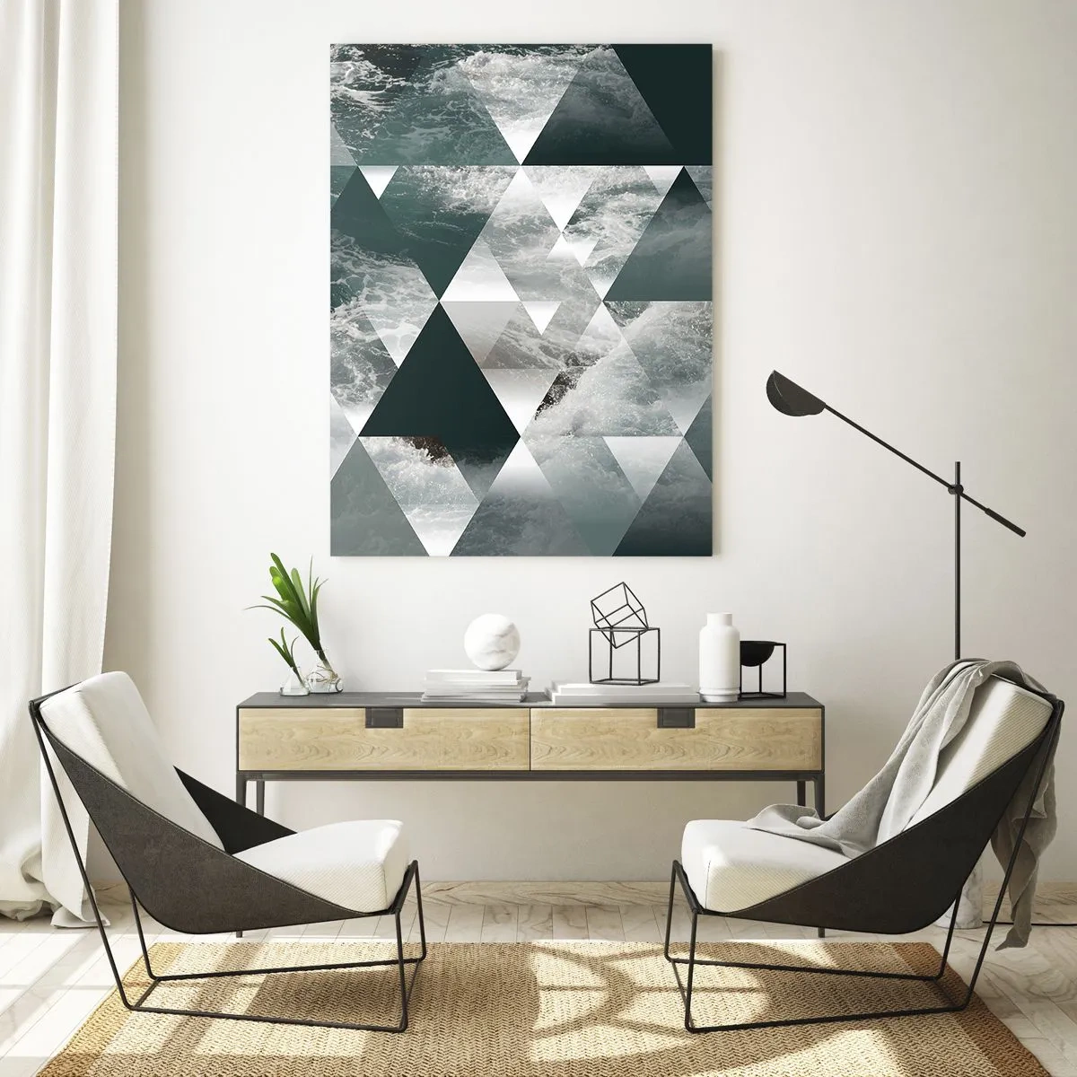 Glasbild - Bild auf glas - Abstrakte Komposition aus Dreiecken mit Wasserwellenmotiv - 50x70cm - Kristallperspektive - Moderne Wanddekoration für Wohnzimmer und Schlafzimmer ARTTOR