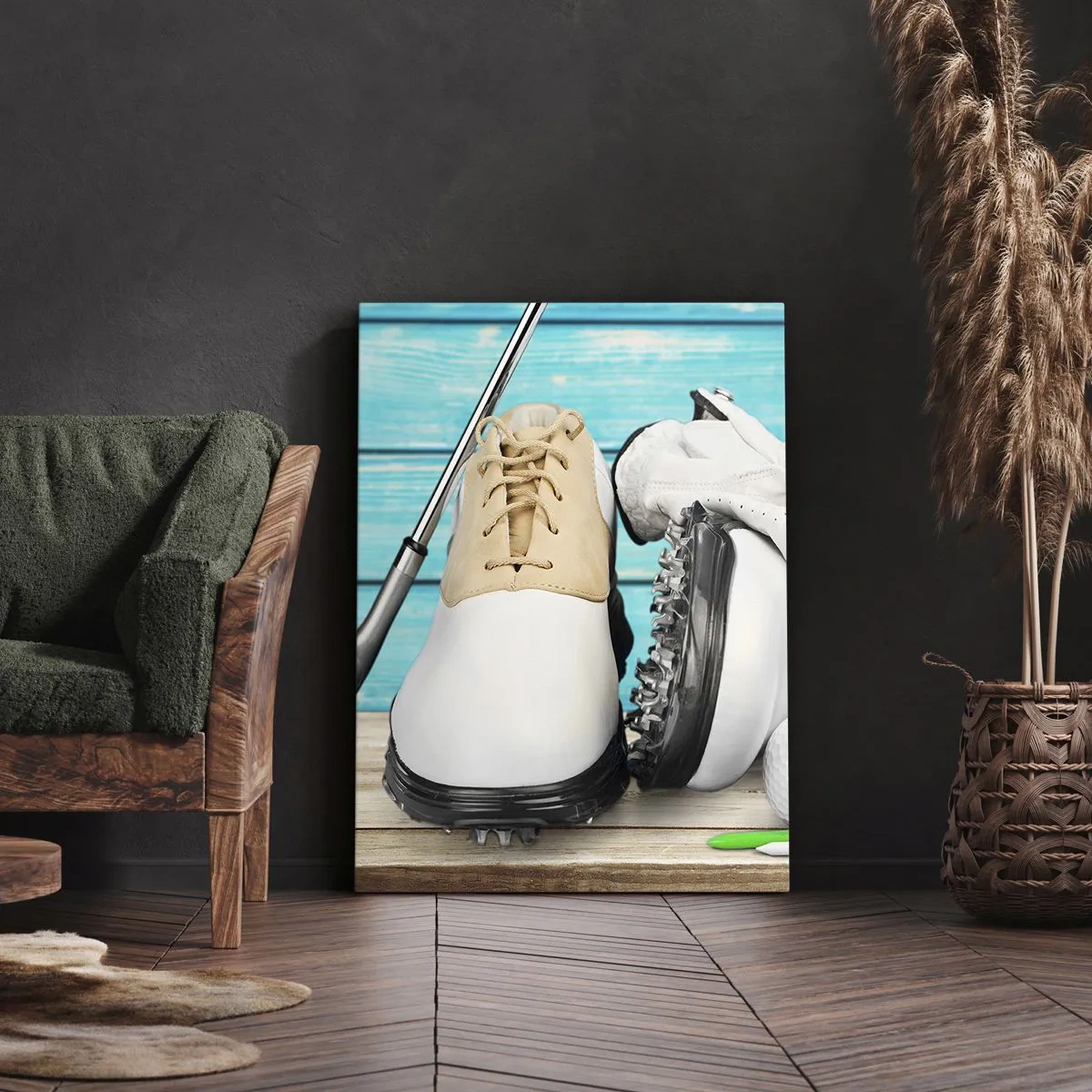 Bild auf Leinwand - Leinwandbild - Ein Set Golfzubehör auf einem hölzernen Hintergrund - 80x120cm - Alles ist bereit - Moderne Wanddekoration für Wohnzimmer und Schlafzimmer ARTTOR