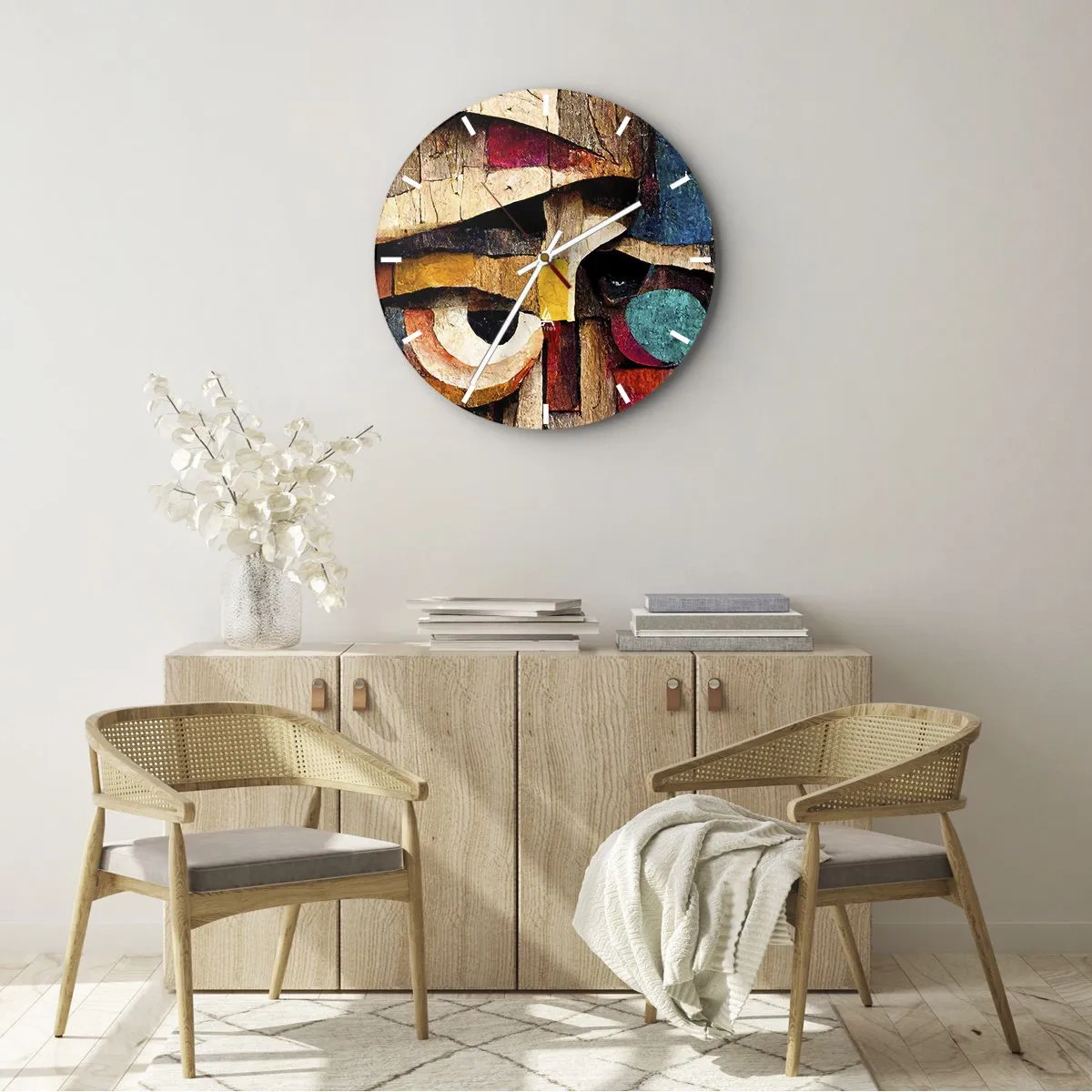 Wanduhr - Glasuhr - Buntes Gesicht im Stil eines Holzmosaiks aus geometrischen Formen - 30x30cm - Ich sehe dich… - Moderne Wanddekoration für Wohnzimmer, Küche und Schlafzimmer ARTTOR
