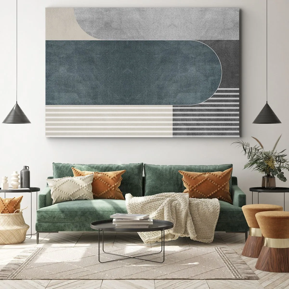 Bild auf Leinwand - Leinwandbild - Geometrische Abstraktion in Grau- und Grüntönen - 70x50cm - Komposition auf der Ebene - Moderne Wanddekoration für Wohnzimmer und Schlafzimmer ARTTOR