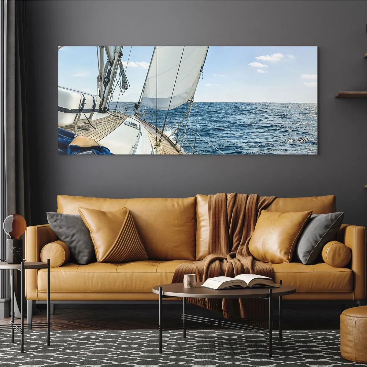 Glasbild - Bild auf glas - Ein Segelboot auf ruhiger See unter blauem Himmel - 120x50cm - Ahoi, Abenteuer - Moderne Wanddekoration für Wohnzimmer und Schlafzimmer ARTTOR