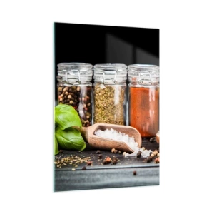 Glasbild - Bild auf glas - Bunte Gewürze in Gläsern auf dunklem Hintergrund - 50x70cm - Für einen Geschmack des Lebens - Moderne Wanddekoration für Wohnzimmer und Schlafzimmer ARTTOR
