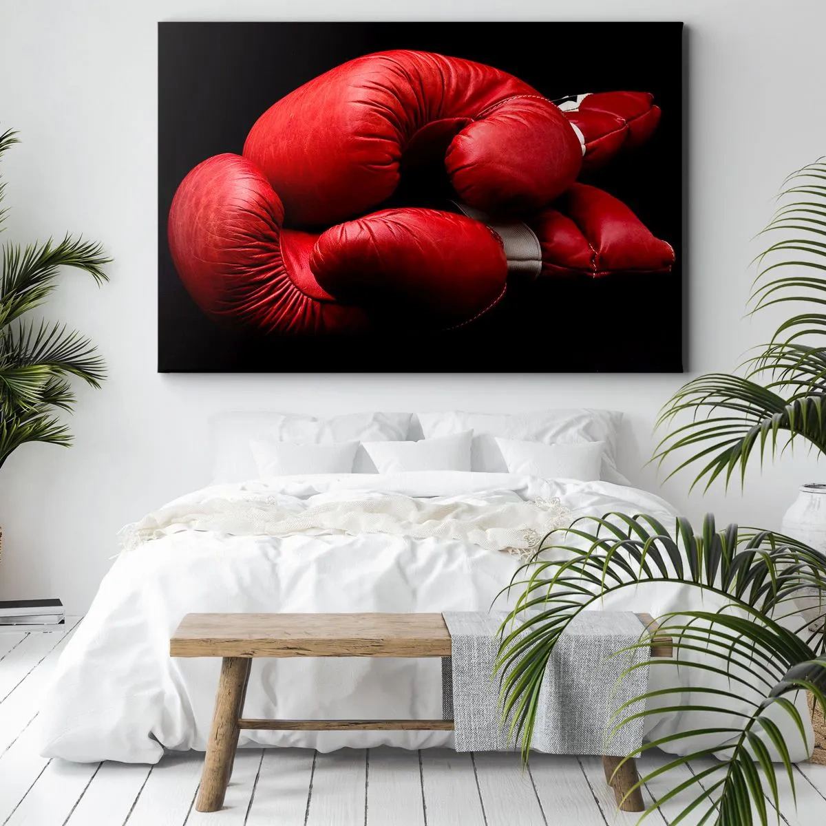 Bild auf Leinwand - Leinwandbild - Rote Boxhandschuhe auf schwarzem Hintergrund - 100x70cm - Die Emotionen des Kampfes liegen hinter uns - Moderne Wanddekoration für Wohnzimmer und Schlafzimmer ARTTOR