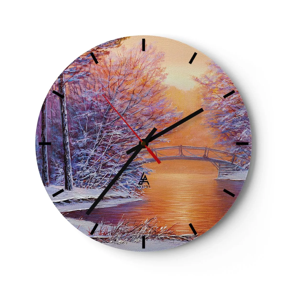 Wanduhr - Glasuhr - Winterlandschaft mit einer Brücke über einen Fluss, Bäumen und Schnee - 30x30cm - Treffen wir uns hier - Moderne Wanddekoration für Wohnzimmer, Küche und Schlafzimmer ARTTOR