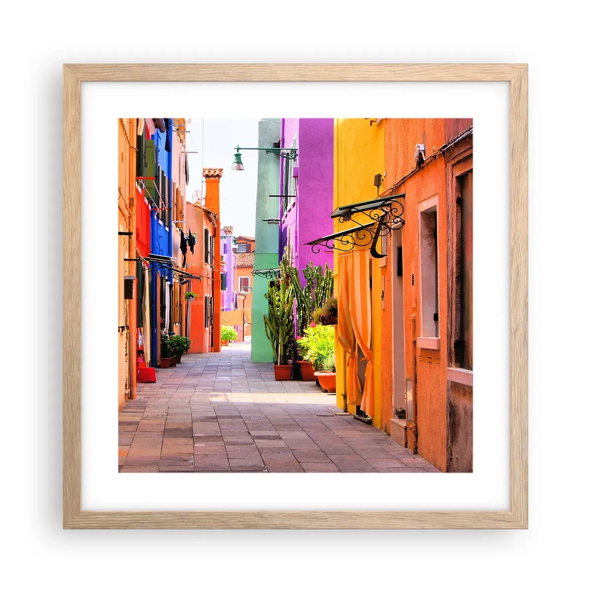 Poster in einem Rahmen aus heller Eiche - Regenbogengasse - 40x40 cm