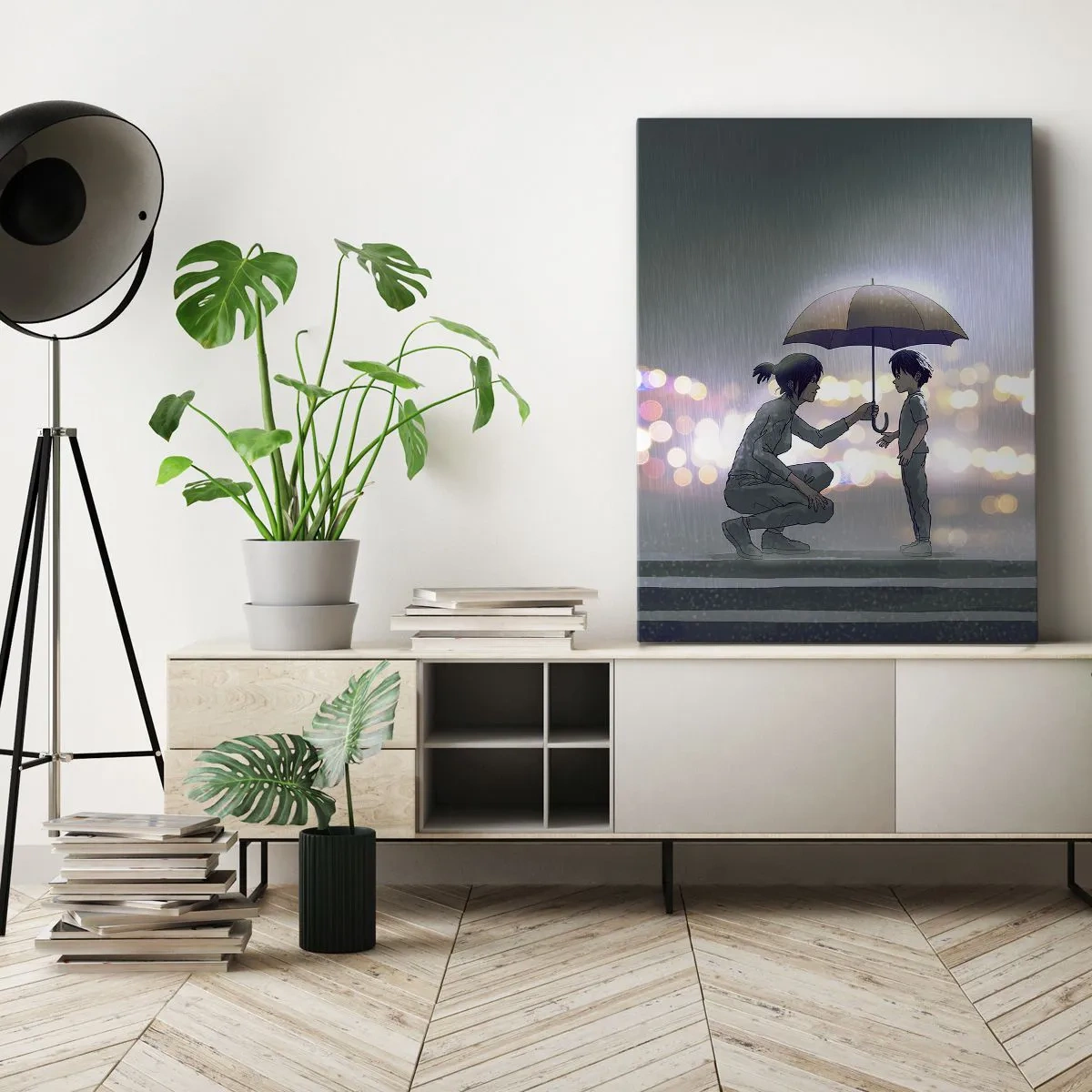 Bild auf Leinwand - Leinwandbild - Eine Figur mit einem Regenschirm schützt ein Kind vor dem Hintergrund nächtlicher Lichter. - 50x70cm - Und jetzt ist alles in Ordnung - Moderne Wanddekoration für Wohnzimmer und Schlafzimmer ARTTOR
