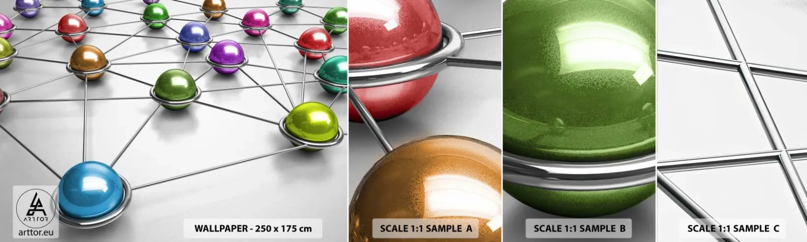 Fototapeten Muster Selbstklebend Deluxe Sticker - Kosmisches Spinnennetz - Abstraktion, Metallkugeln, 3D - 100x30 cm