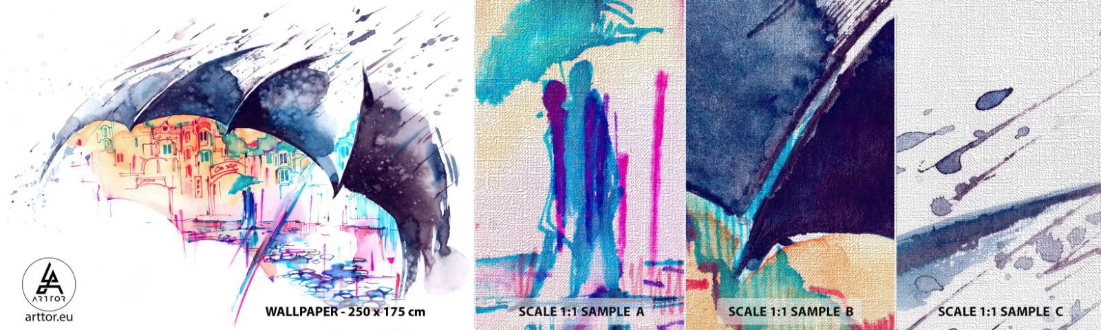 Fototapeten Muster Premium Canvas - Im Regen spazieren gehen - Abstraktion, Regenschirm, Die Architektur - 100x30 cm