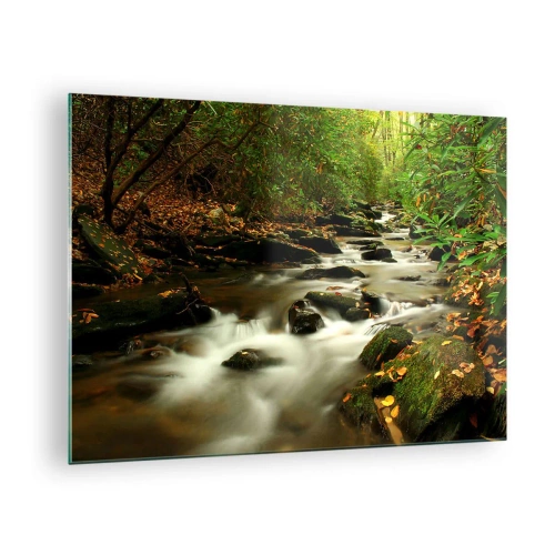 Glasbild - Bild auf glas - Ein Bach im Wald, umgeben von Steinen und Blättern - 70x50cm - Wie flüssiges Silber - Moderne Wanddekoration für Wohnzimmer und Schlafzimmer ARTTOR