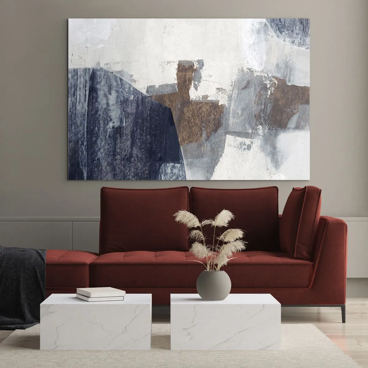 Glasbild - Bild auf glas - Geometrische Formen in Blau, Braun und Weiß - 120x80cm - Blaue und braune Formen - Moderne Wanddekoration für Wohnzimmer und Schlafzimmer ARTTOR