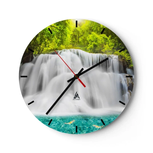 Wanduhr - Glasuhr - Ein Wasserfall, umgeben von Grün mit türkisfarbenem Wasser am Fuße - 30x30cm - Eine schaumige Kaskade von grün bis azurblau - Moderne Wanddekoration für Wohnzimmer, Küche und Schlafzimmer ARTTOR