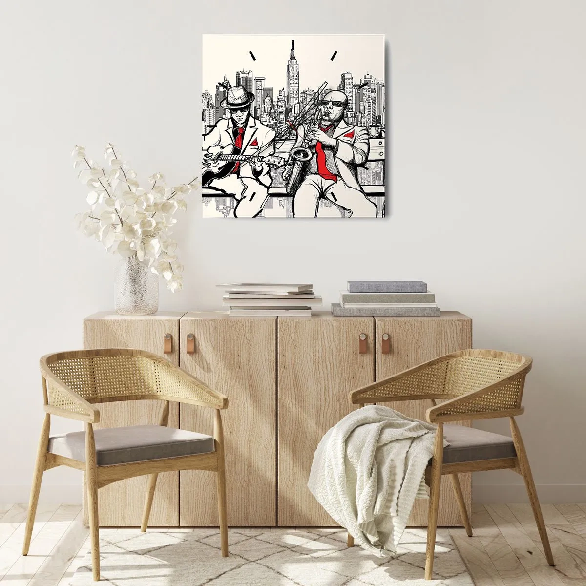 Wanduhr - Glasuhr - Ein Jazzduo mit Saxophon und Gitarre vor der Kulisse der Stadt - 30x30cm - New Yorker Improvisation - Moderne Wanddekoration für Wohnzimmer und Schlafzimmer ARTTOR