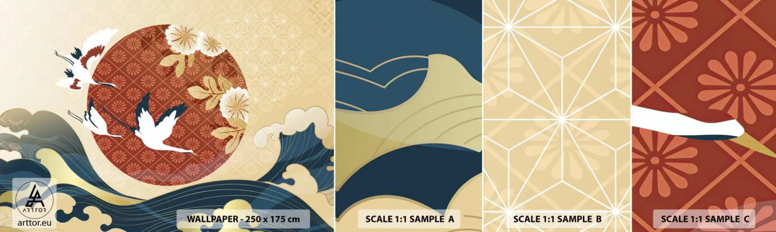 Fototapetenmuster Standard Eco - Japanisches Märchen - Reiher, Vogel, Abstraktion - 100x30 cm