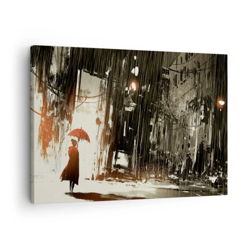Bild auf Leinwand - Leinwandbild - Eine rote Figur mit einem Regenschirm in einer regnerischen Szene - 70x50cm - Die Poesie des roten Regenschirms - Moderne Wanddekoration für Wohnzimmer und Schlafzimmer ARTTOR