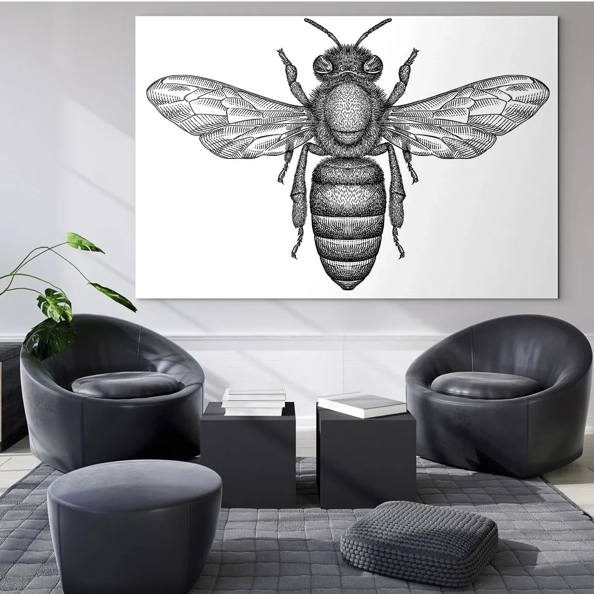 Glasbild - Bild auf glas - Detaillierte Darstellung einer Retro-Biene auf weißem Hintergrund - 120x80cm - Insektenporträt - Moderne Wanddekoration für Wohnzimmer und Schlafzimmer ARTTOR