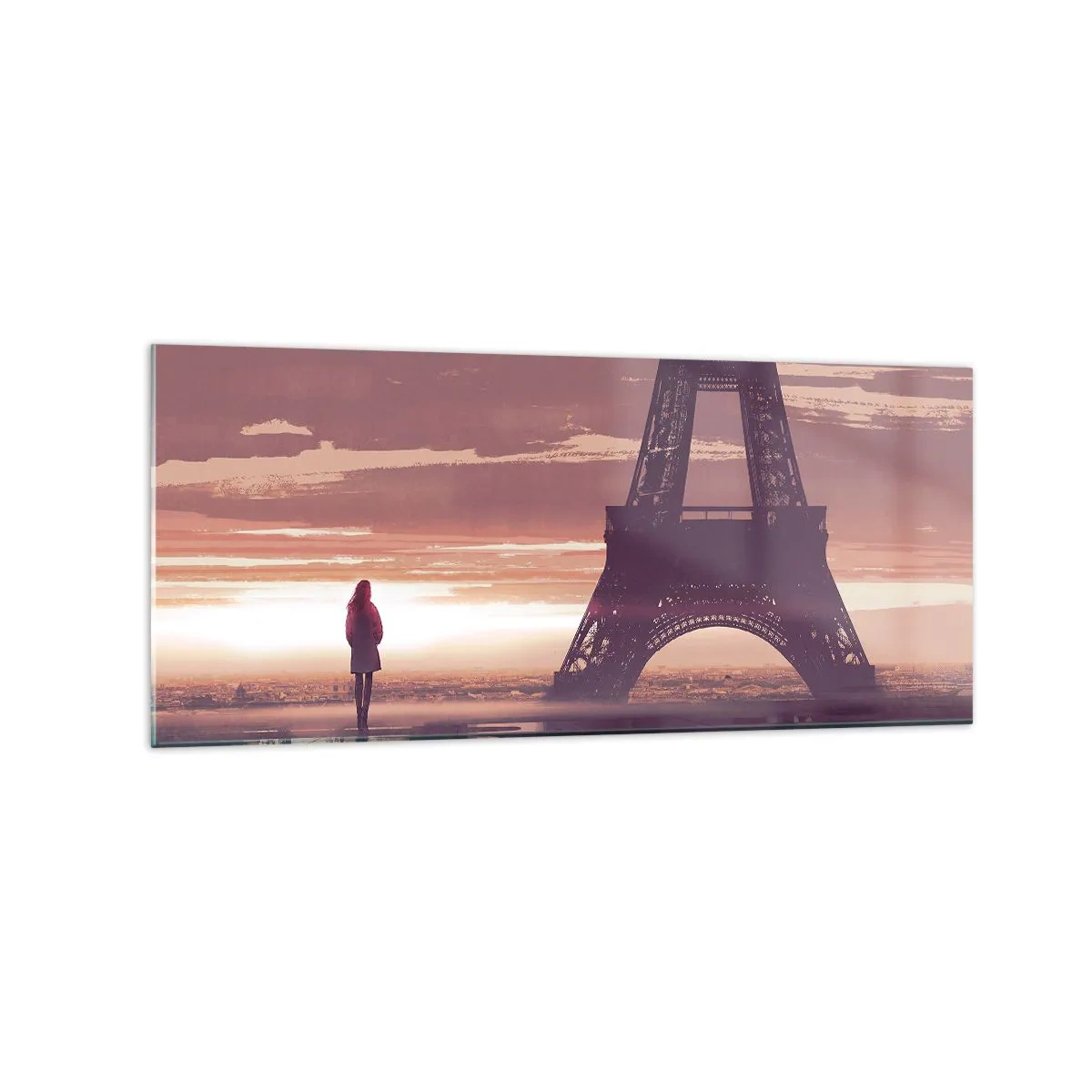 Glasbild - Bild auf glas - Eine Figur, die im Licht der untergehenden Sonne auf den Eiffelturm blickt - 120x50cm - Nur zwei davon - Moderne Wanddekoration für Wohnzimmer und Schlafzimmer ARTTOR