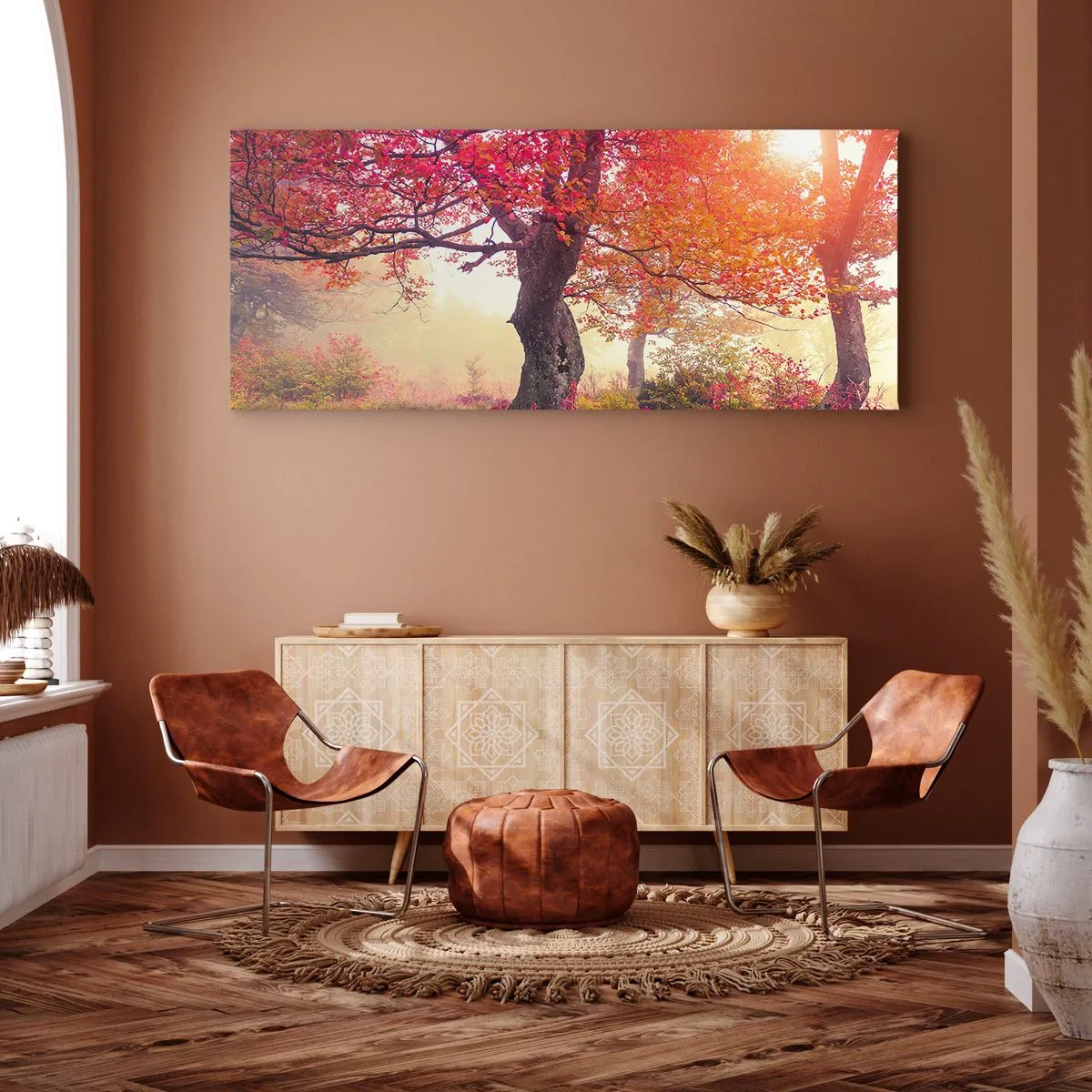 Bild auf Leinwand - Leinwandbild - Herbstlandschaft mit Bäumen in intensiven Farben - 160x50cm - Blühende Raserei - Moderne Wanddekoration für Wohnzimmer und Schlafzimmer ARTTOR